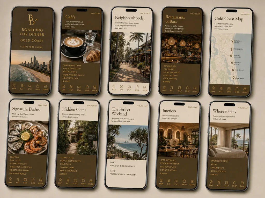 The Gold Coast Food Guide on a phone, showing cafes, neighbourhoods, restaurants and bars, the Gold Coast map and where to stay