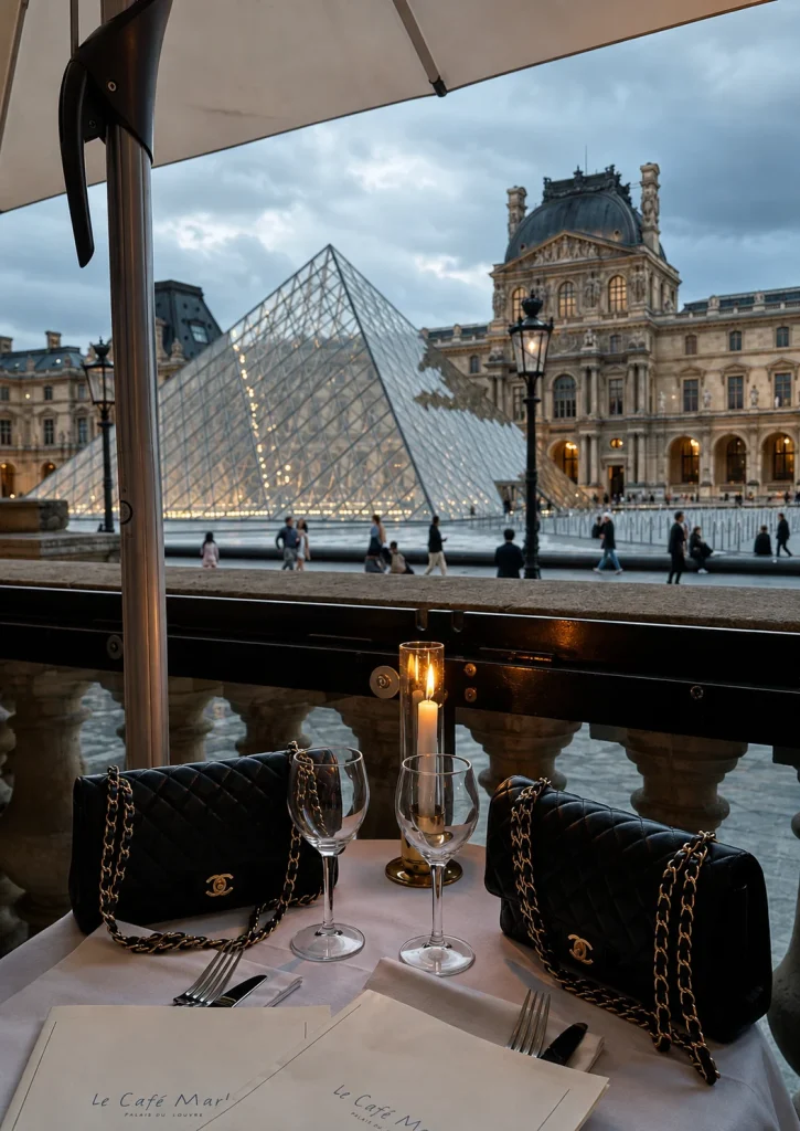 Night view of the Louvre Pyramid in Paris seen from a restaurant terrace table setting