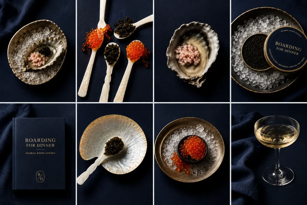 A grid of caviar spoons, oysters and champagne from the Melbourne Food Guide