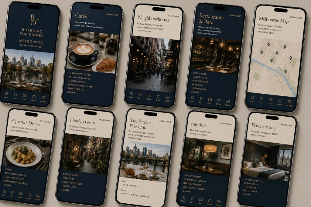 The Melbourne Food Guide on a phone, showing cafes, neighbourhoods, restaurants and bars and the Melbourne map
