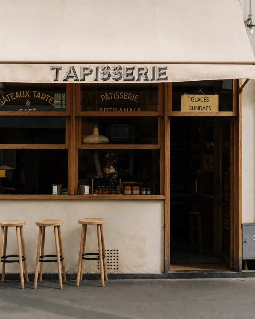 Café storefront with a Tapisserie awning and wooden stools outside