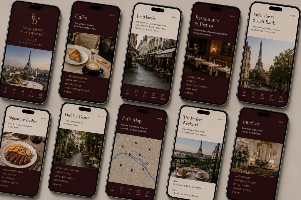 Pages from the Paris food guide on a phone, showing restaurant listings, neighbourhood maps and what to order