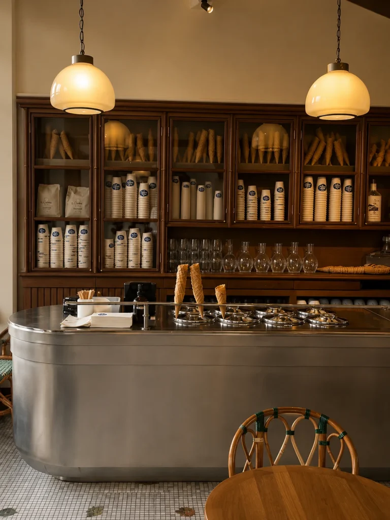 Elegant Parisian ice cream shop interior with wooden cabinetry, waffle cones and gelato display counter
