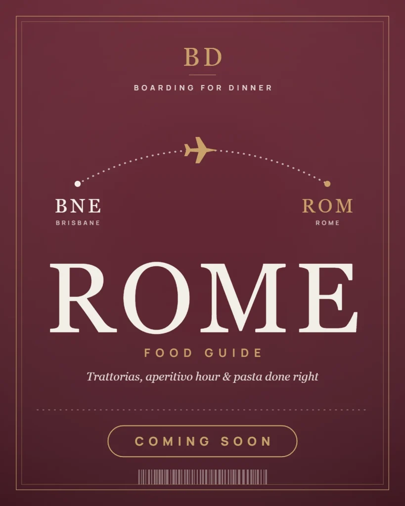 Rome Food Guide coming soon: a burgundy Boarding for Dinner cover with a flight path from Brisbane to Rome
