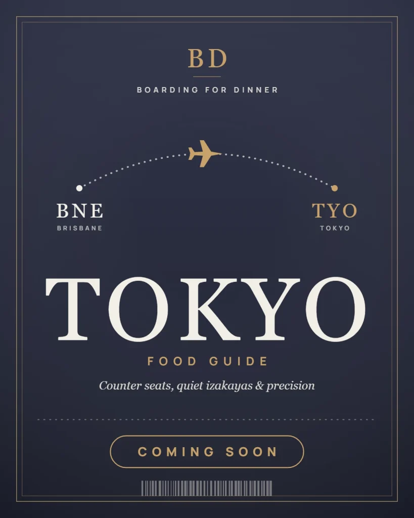 Tokyo Food Guide coming soon: an indigo Boarding for Dinner cover with a flight path from Brisbane to Tokyo